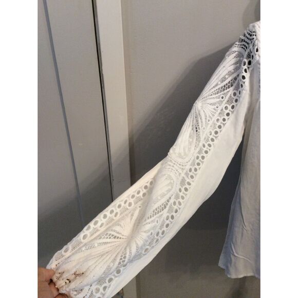 Cactus And Pearl Medium White Pleated Tunic Top Ruffled Lace Sleeves Bib Collar - Picture 4 of 6